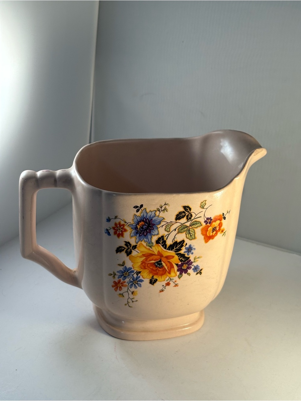 Vtg Pitcher Poppies Roses Asters No Mark Pinkish Background 6” Coated‎ Metal